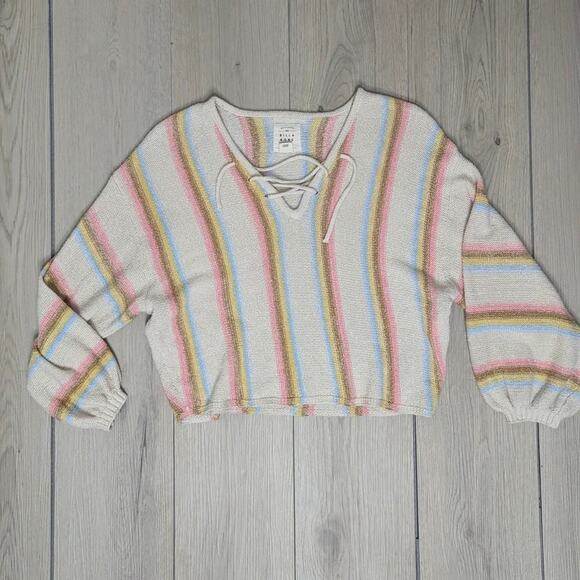 Billabong cream and pink striped crop top knit sweater sz Medium - Picture 1 of 5